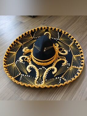 Traditional Vintage Mexican Black and Gold Embellished Sombrero Cinco de Mayo